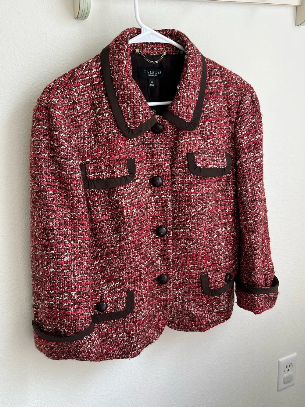 Talbots Red and Brown Trim Tweed Button-Front Jacket